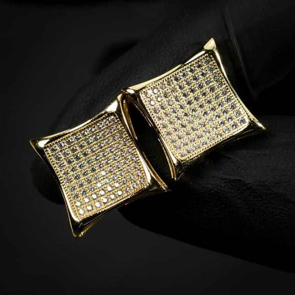 Mens Large 14K Yellow Gold Plated 925 Sterling Silver 5A Cz Cubic Zirconia Hypoallergenic Big Square Kite  17mm Iced Hip Hop Micro Pave Stud Screw Back Earrings For Men