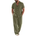 thumbnail image 2 of OIOLOYJM Men 2 Piece Outfit Linen Beach Short Sleeve Button Down Pocket Shirt and Elastic Waist Pajama Pants Casual Relaxed Fit Vacation Sleep Pj Sets Army Green XL, 2 of 6