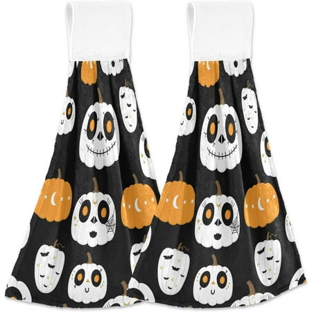 

Anyway.go Cute Skeleton Pumpkin Face Kitchen Hanging Hand Towels Halloween Absorbent Tie Towel with Loop 2 PCS Kitchen Linen Sets for Bathroom Restroom Home Decor