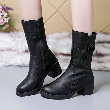 

TALKVE Fashion Autumn And Winter Women Ankle Boots Heel Medium Heel Solid Color Black Flowers Zipper