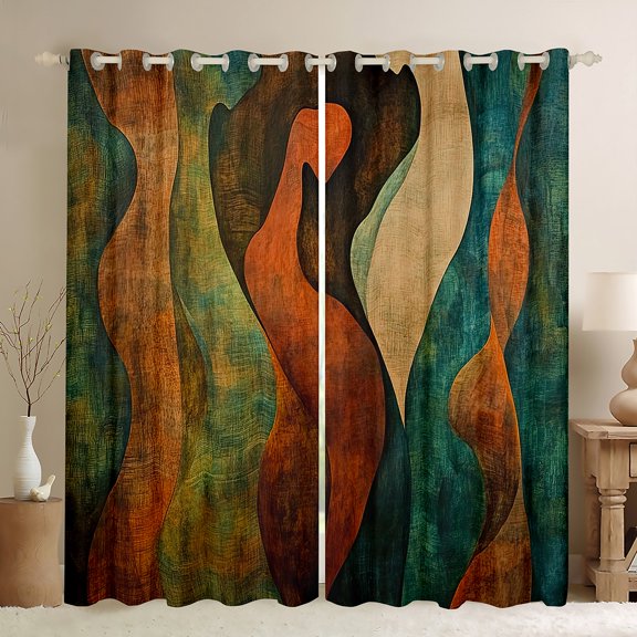 Manfei Retro Boho bohemian Black Out Curtains,Vintage Wave Striped Curtains Pack of 2 (42x63 Each),Gradient Green Brown Bedroom Curtains For Teens,Ultra Soft Home Decor