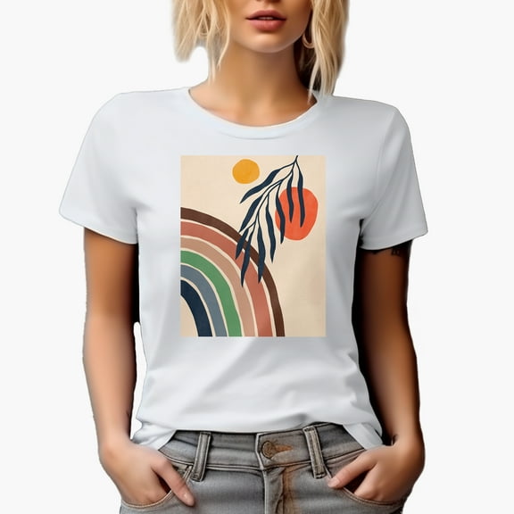 Aesthetic Minimalism Boho Rainbow & Sun Art Merch Gift, White T-Shirt, Small