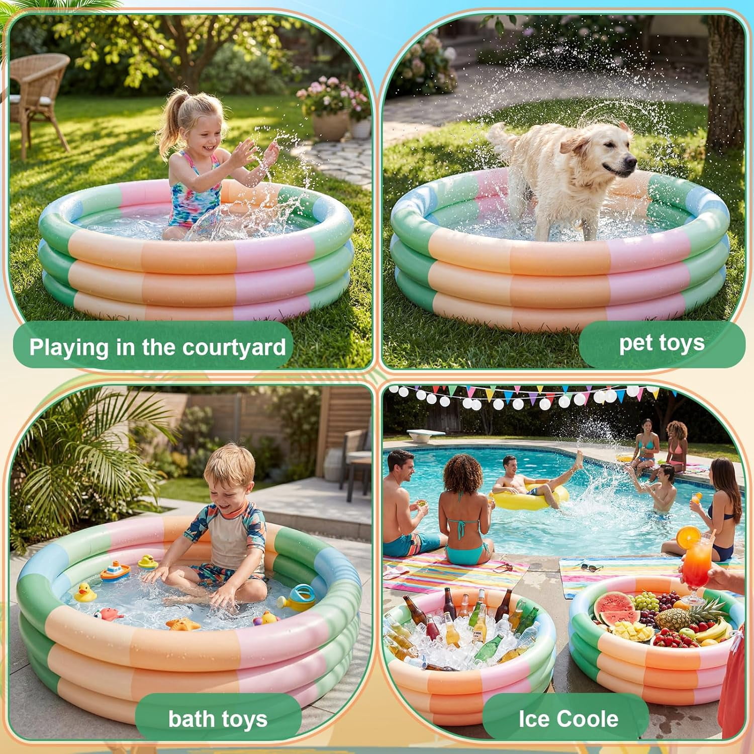 4 Pack Inflatable Kiddie Pool for Toddlers Blue Stripe Blow up Kids Swimming Pool Small 3 Rings Round Baby Pools for Indoor Outdoor Water Game Play Center