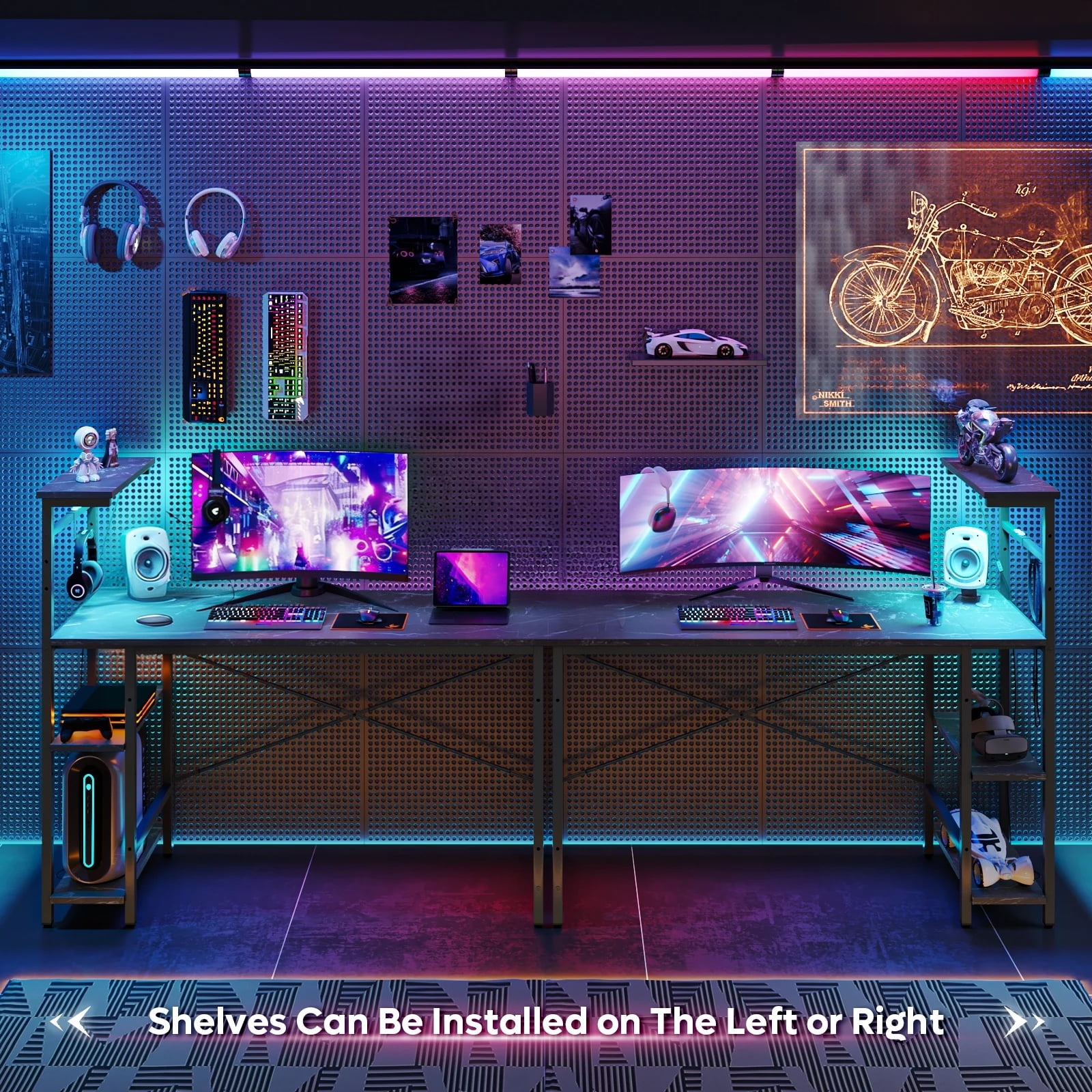 Bestier 52 inch Gaming Desk with LED Lights & Adjustable Storage Shelves,7 Main Color+22 Dynamic Modes LED Computer Desk,Black Marble Platform