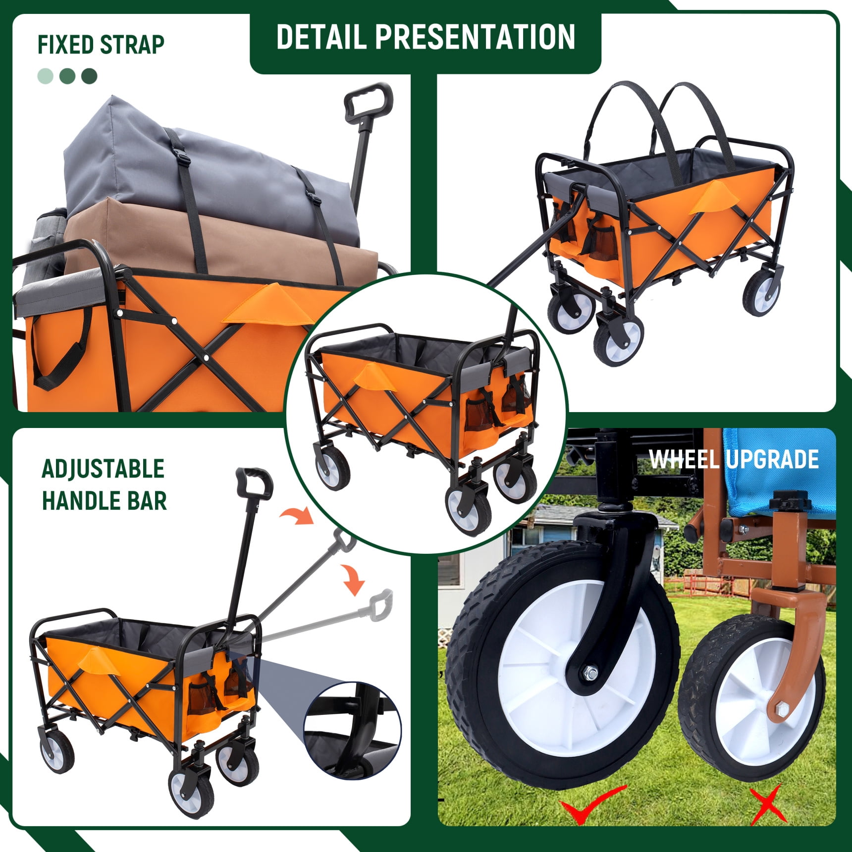 Utility Wagon Cart Foldable with Strapping System, Heavy Duty 225lbs Capacity, Lightweight Collapsible Design, Utility Cart, beach wagon with 360° Swivel Wheels for Beach, Camping, Shopping, Orange