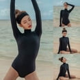 thumbnail image 4 of Women Sexy One-Piece Swimsuit Rash Guard Turtleneck Zipper Thumbhole Long Sleeve Monokini Black Diving Bathing Suit, 4 of 15