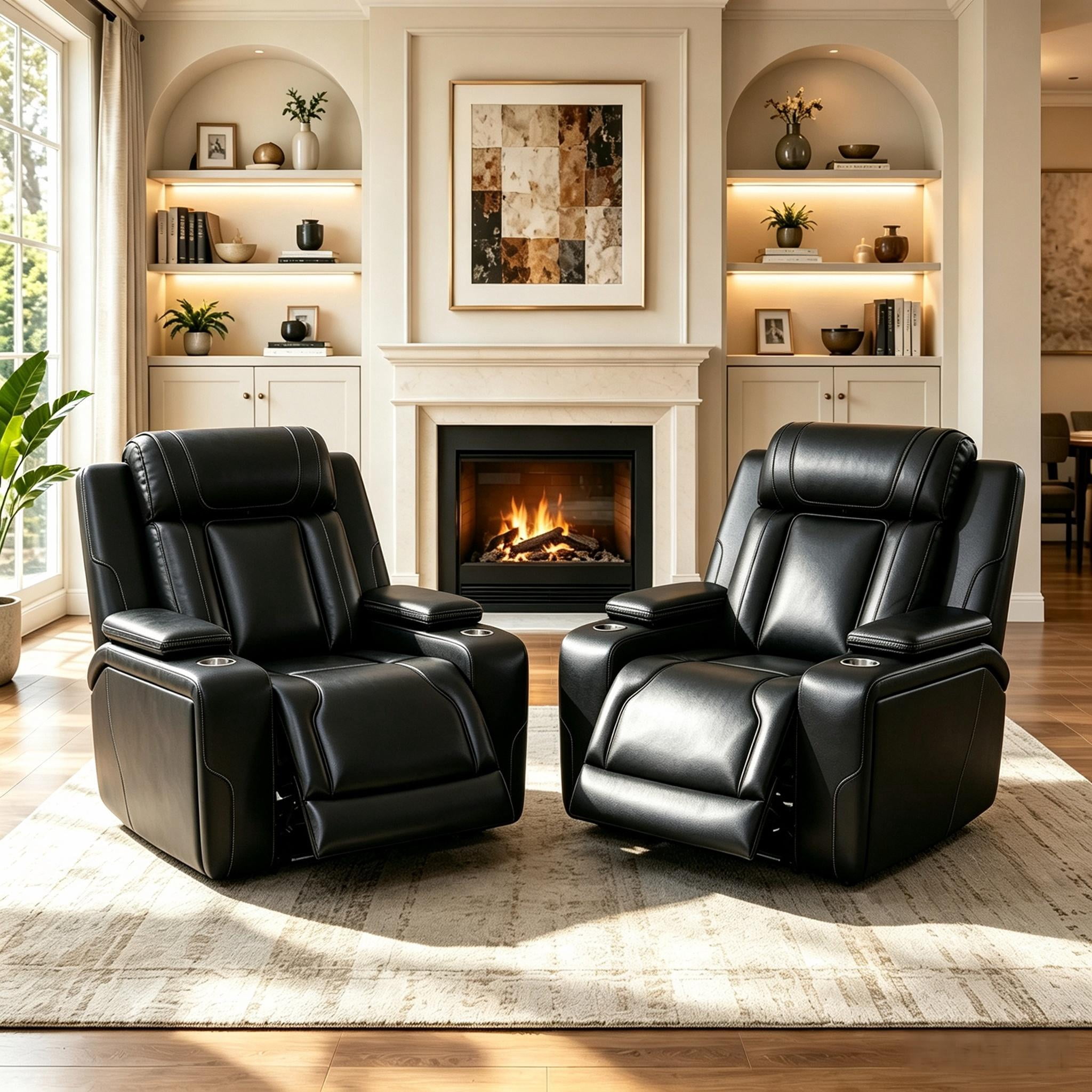 Gewnee Power Recliner Chair, Adjustable Reclining Lounge Chair with USB Ports, LED Lights & Cup Holders, Air Leather Upholstered Single Sofa Recliner for Living Room, Office, Black