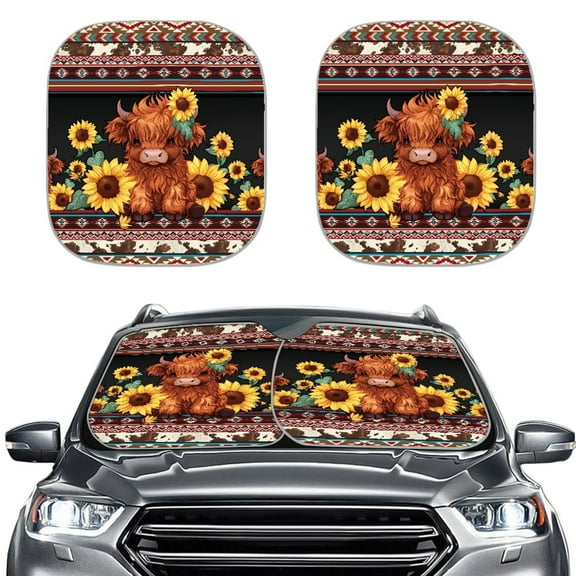 Kuiaobaty Auto Windshield Sun Shade 28.5" x 25.5" Car Window Sun Shield Blocks UV Rays Exterior Accessories Tribal Highland Cattle Cow Sunflower 2 Pcs for Trucks Sedans SUVs Cars