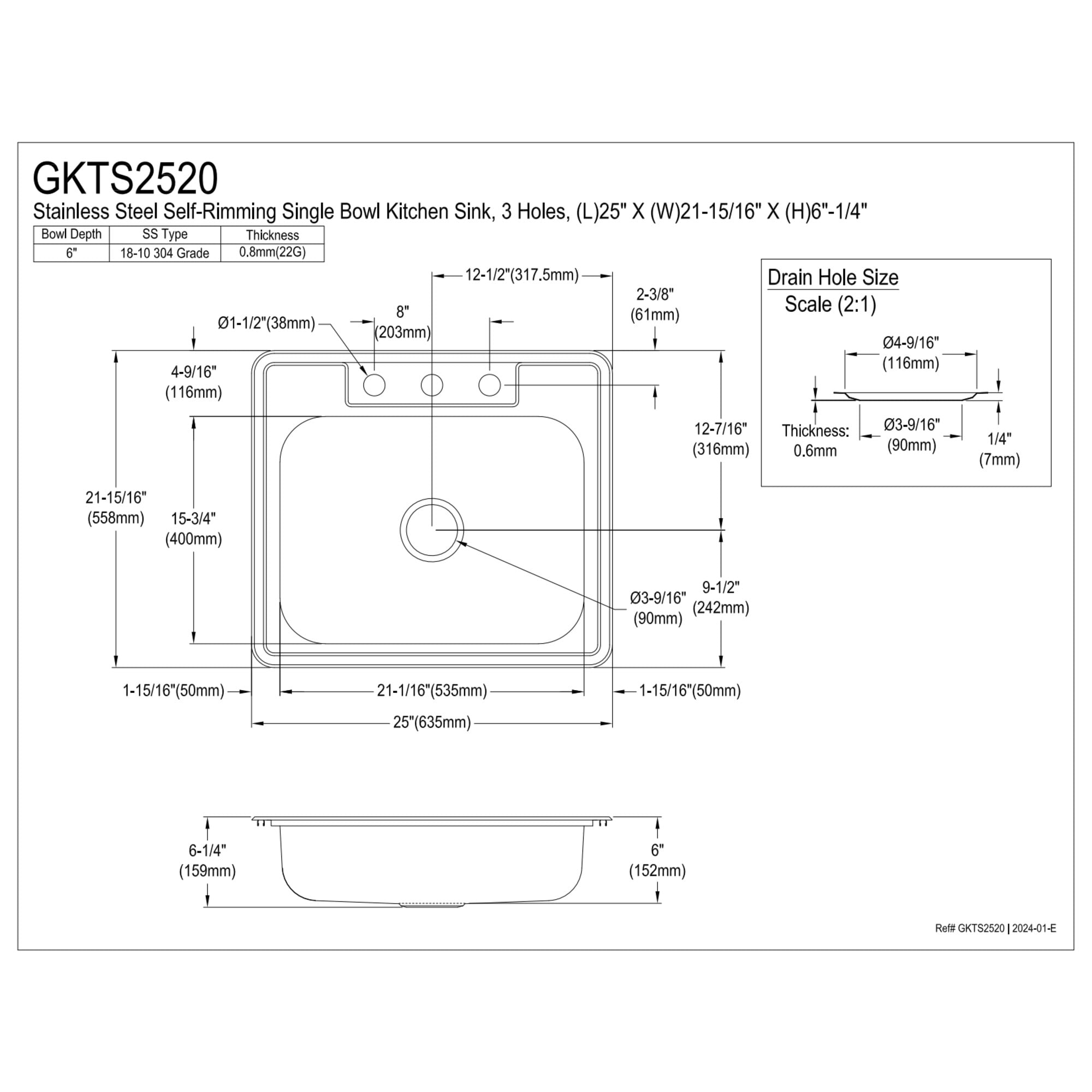 Gourmetier GKTS2520 Studio 25" Stainless Steel Self-Rimming Single Bowl Drop-In Kitchen Sink, Brushed