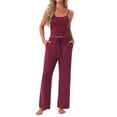 thumbnail image 2 of INSPIRE CHIC Womens Pajama Set Cami Jersey Knit Adjustable Spaghetti Strap Elastic Waist Wide Leg Pants with Pockets S Burgundy, 2 of 6