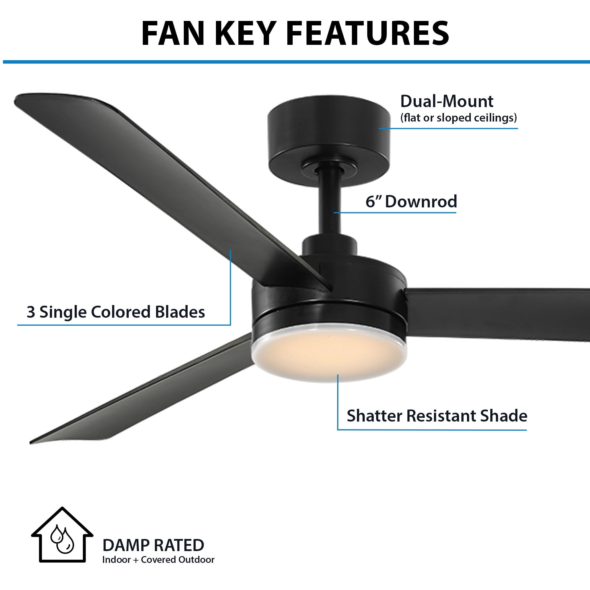 Mainstays 52" Matte Black Indoor/Outdoor Downrod Ceiling Fan with Light Kit and Remote Control