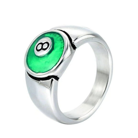 PAMTIER Men's Stainless Steel Billiard 8 Ball Signet Lucky Gothic Biker Ring Silver Green Size 6
