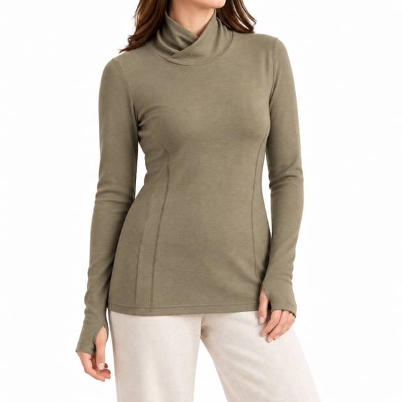 Womens Cowl Neck Long Sleeve Shirts, Slim Fit Thermal Pullover Tops with Thumb Holes for Fall Winter Layering and Casual Wear, Olive Green, Size L
