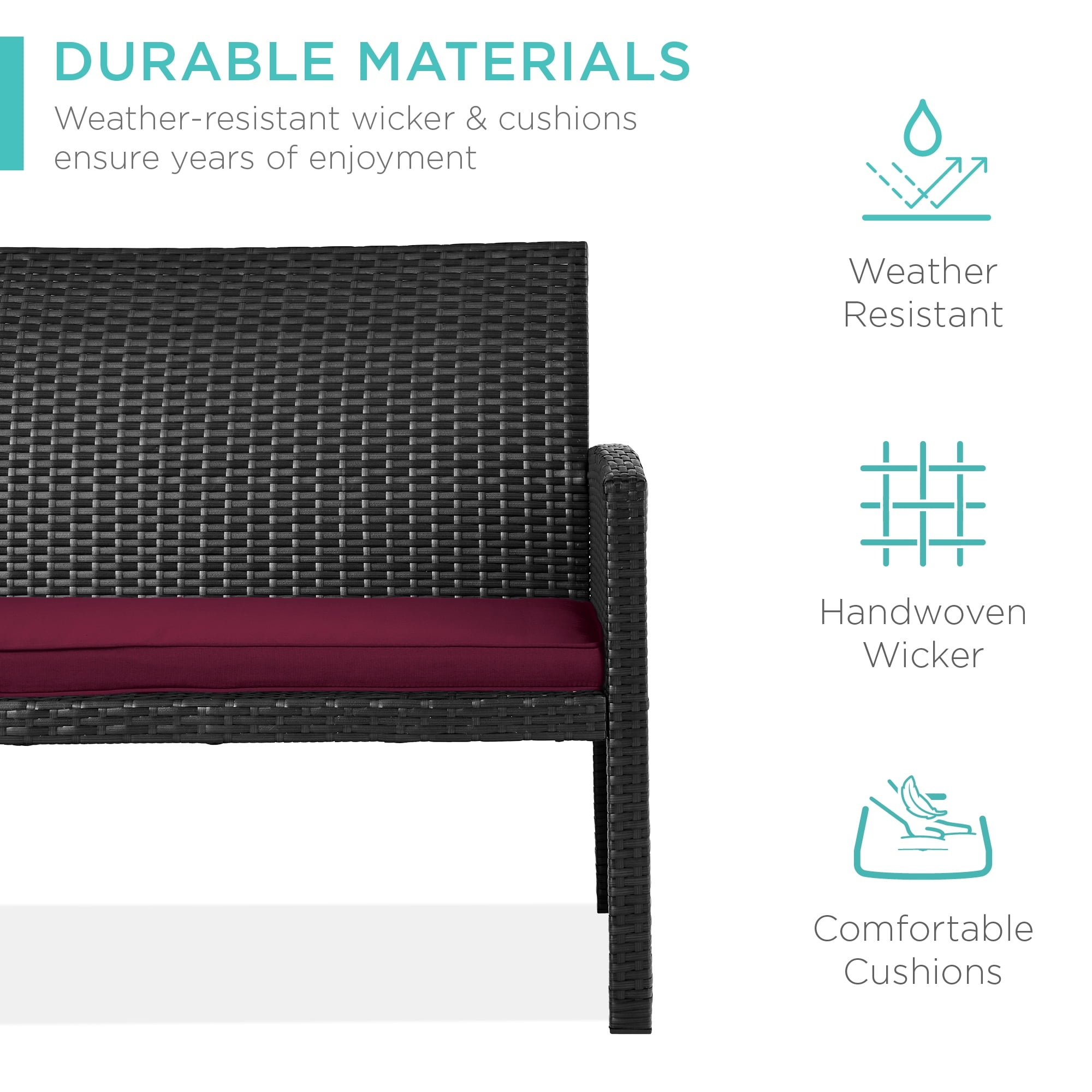 Best Choice Products 4-Piece Outdoor Wicker Patio Conversation Furniture Set w/ Table, Cushions - Black/Deep Burgundy