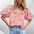 thumbnail image 2 of Knosfe Women's Eyelet Tops Puff Sleeve Tops Embroidered Dressy Casual White Blouse Hollow Out V Neck Top Button Down Shirts Pink L, 2 of 5
