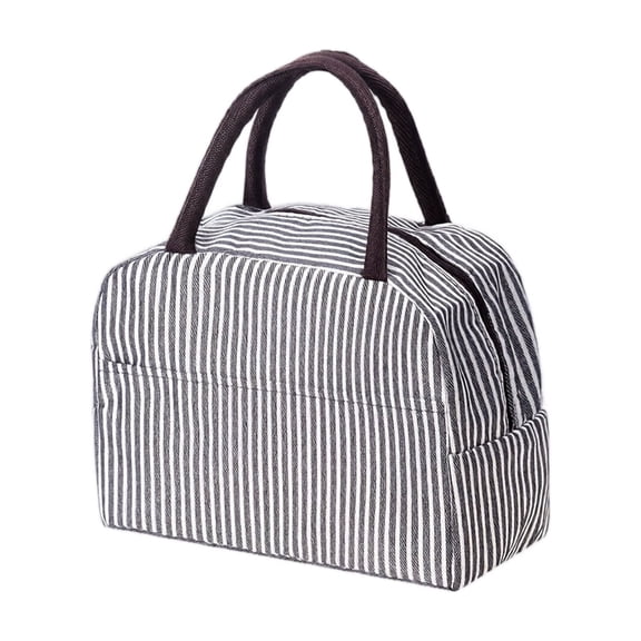 Lunch Bag, Portable Striped Foil Lining Thermal Insulated Tote with Handle Reusable Bento Box Food Storage Carrier Work Picnic Travel Outdoors Light Weight Pouch Black