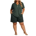 thumbnail image 3 of Plus Size Women's Plus Size 2 Piece Pajama Sets, V-Neck Short Sleeve Top & Drawstring Pocket Elastic Shorts, Oversized Solid Casual Home Outfit | TruHer,Army Green 2XL, 3 of 7