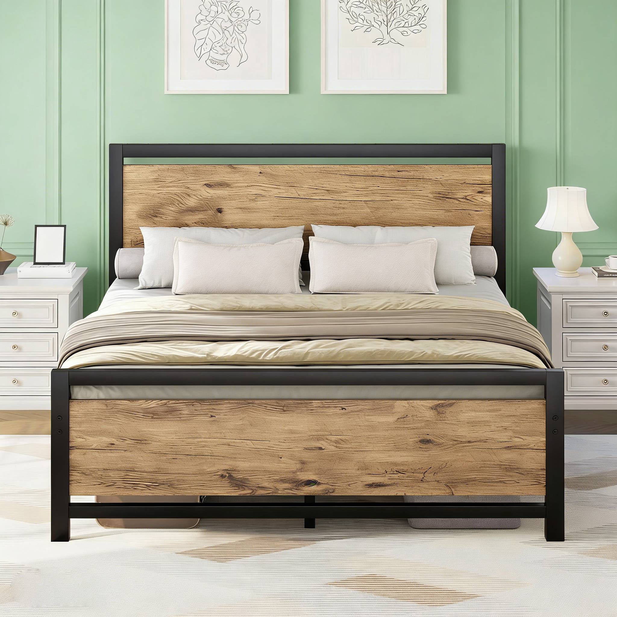 4 EVER WINNER Full Bed Frame with Headboard, Industrial Style Bed Frame Full Size, Full Size Bed Frame with Wooden Footboard, No Box Spring Needed, Noise-Free, Easy Assembly, Brown