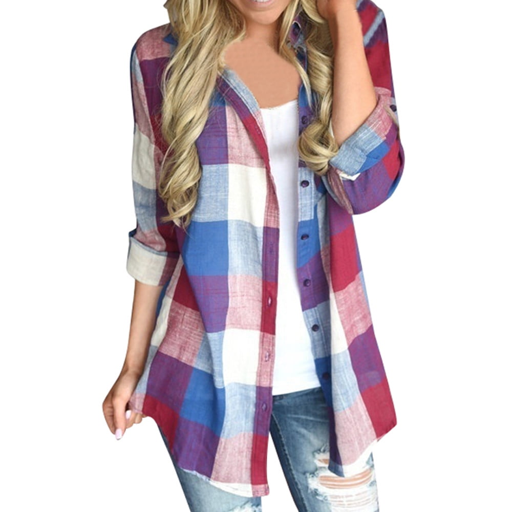 Long Sleeve Blouses Flannel Plaid Shirt 