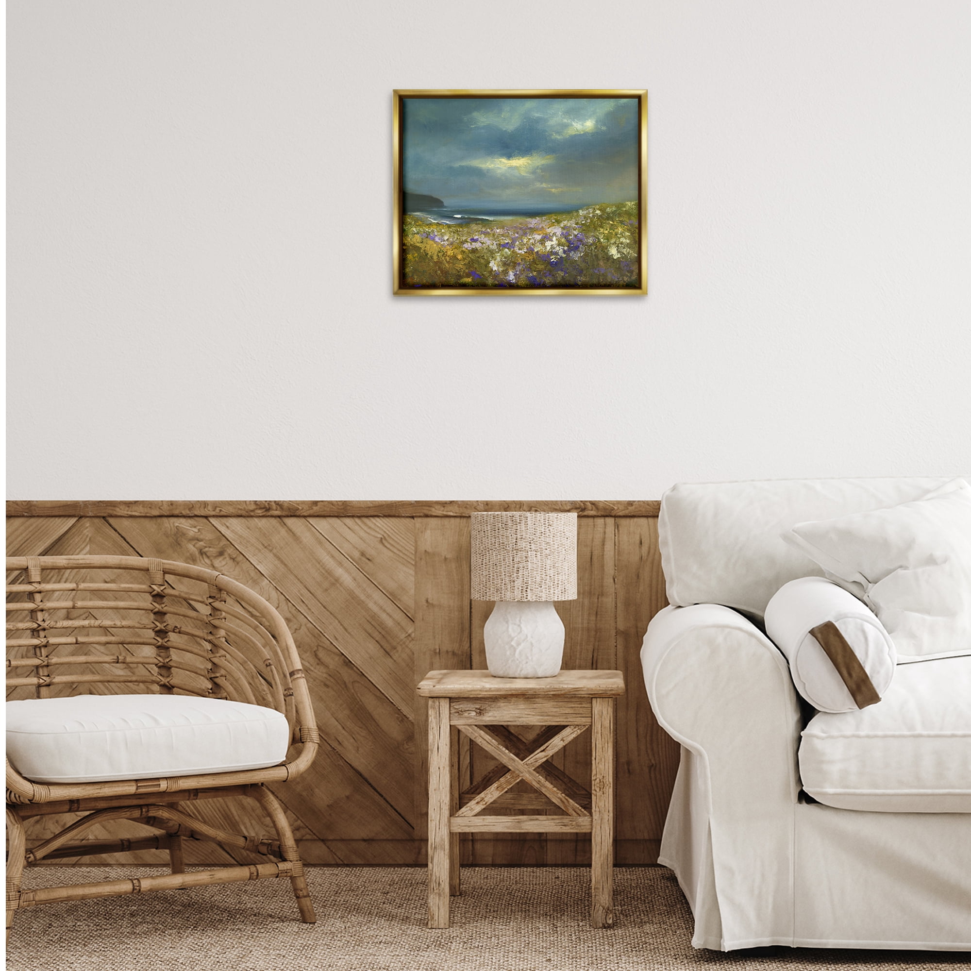 Stupell Industries Flowers by Stormy Beach Landscape & Nature Painting Gold Floater Framed Canvas Art Print Wall Art, 21 x 17