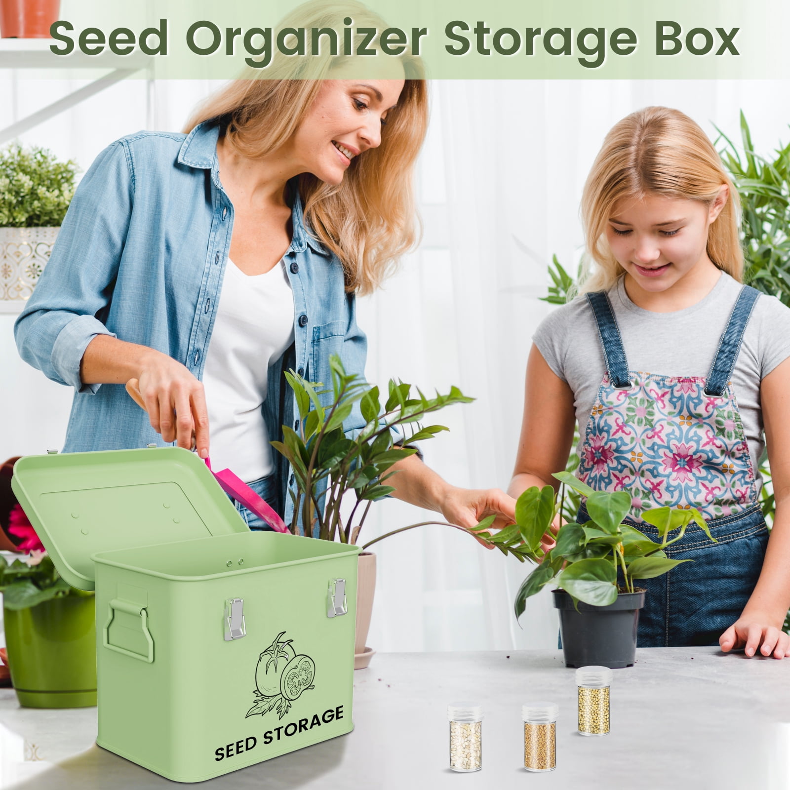 Seed Storage Box, Metal Seed Container, Seed Storage Container (Green)