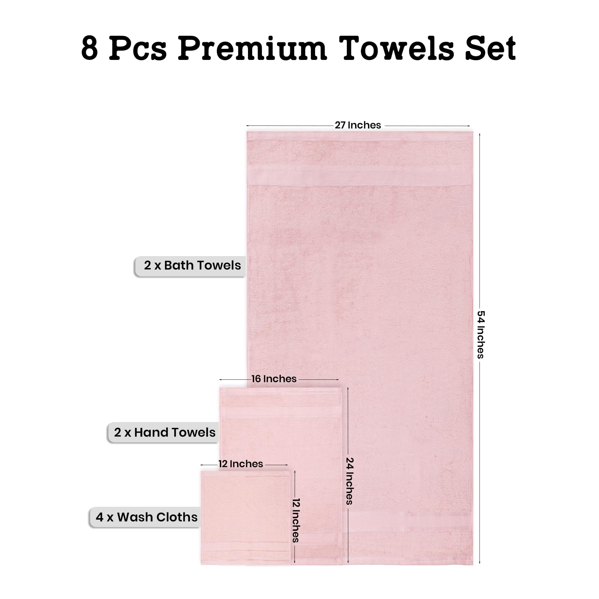 Casa Lino 8Pc Premium Bath Towel Set (2 Bath Towels, 4 Washcloths, 2 Hand Towels) - 100% Cotton, 400GSM & Ultra Absorbent (Blush)
