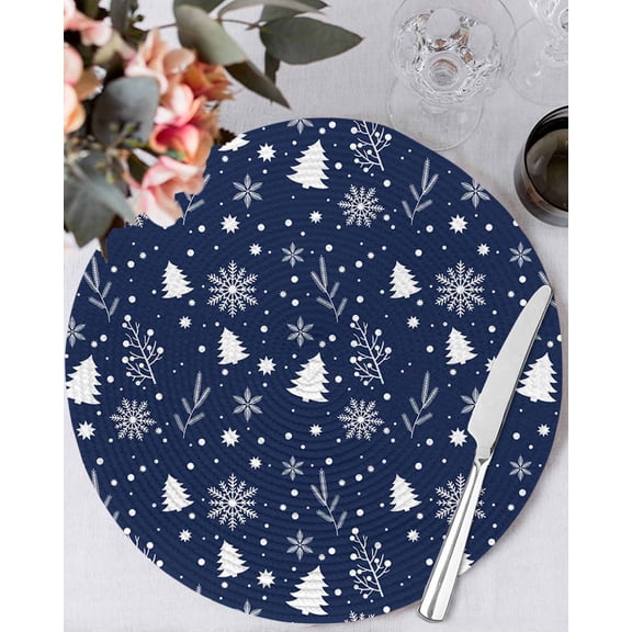 13 Inch Round Placemats Set of 6, Navy Blue Christmas Non Slip Heat Insulation PP Table Mats, Xmas Trees Snowflake Winter Botanical Washable Place Mats for Kitchen Dining Party Table Decor