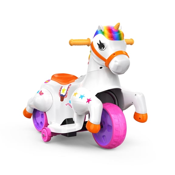 12V Electric Unicorn Ride On Toys for Kids Ages 2–5,2 in 1 Riding & Rocking Horse | 2x25W Motors,1.86 Mph Speed,with Music, Battery Display,Training Wheels, Anti-Tip, Riding Toy Gift for Girls or Boy