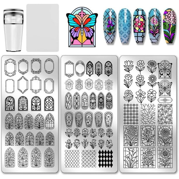 Juego de 3 placas de estampado de uñas con diseño de ventana floral, plantillas de arte de uñas en vidrio con tulipanes, rosas y margaritas, plantillas para manicura con mariposas.