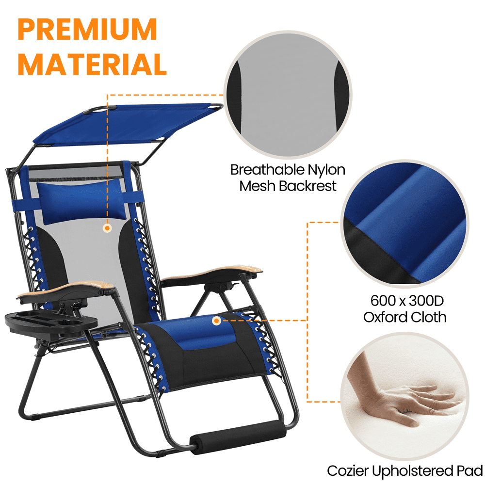 Alden Design 29in Foldable Zero Gravity Recliner with Sun Shade Cupholder/Pillow, Navy Blue/Black