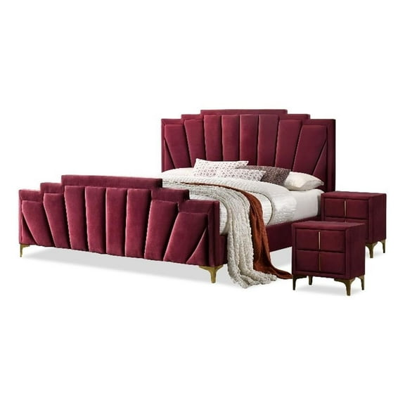 Furniture of America Lund 3pc Red Fabric Bedroom Set - CalKing   2 Nightstands