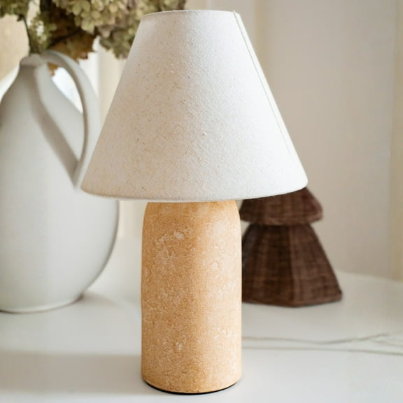 14" Small Mini Table Lamp – Handmade Ceramic Base with Off-White Fabric Shade, Dimmable Plug-In Nightstand or Accent Light for Nighstand, Kitchen Counter, Nursery, Small Spaces–Boho Decor