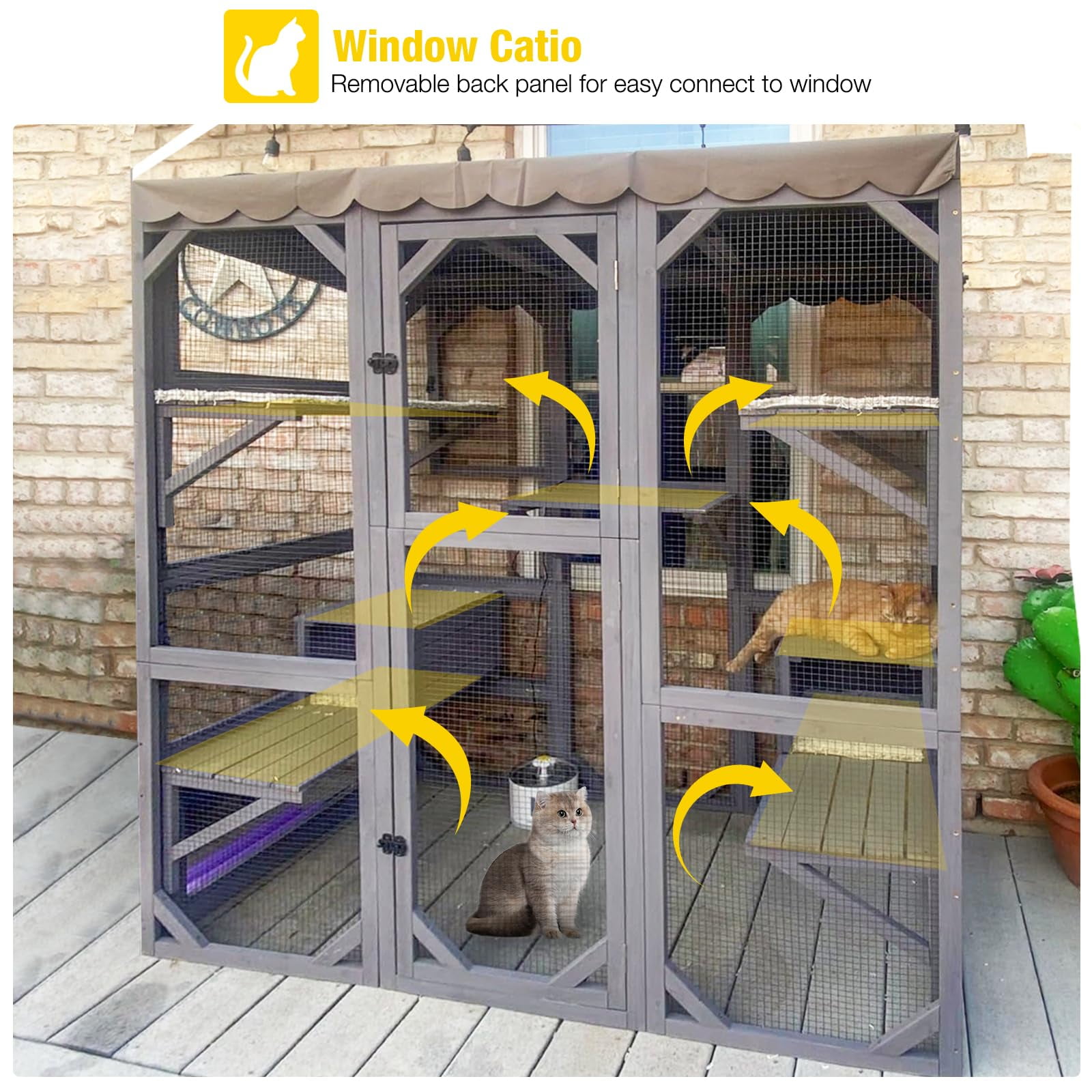 Aivituvin Cat House Outdoor Catio Kitty Enclosure, Wooden Cat Cage Condo Indoor Playpen with Large Enter Door and Platforms for Kittens