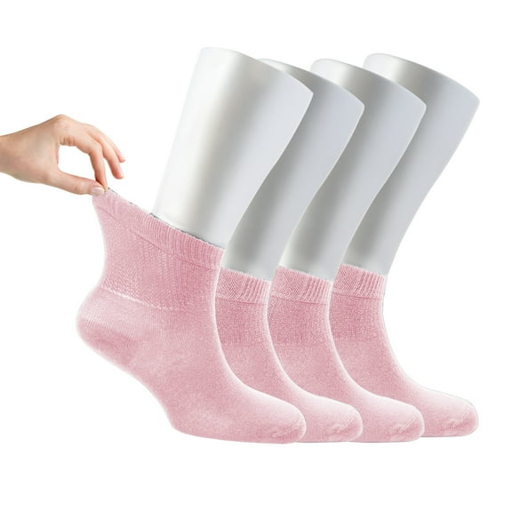 Cosyfeel® Women Loose Diabetic Ankle Socks 4-Pair Soft Bamboo Viscose Material Durable with Seamless Toe Non-Binding Top, Candy Pink, 10-12