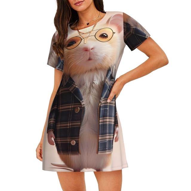 Vsdgher Mignon Motif Souris en Lunettes Chemise de Nuit à Manches Courtes Col Rond Mignonne Robe de Nuit Confortable à Volants