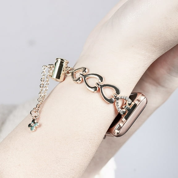 Compatible with Apple Watch Band 42/44/45/46/49mm, Women Heart Shape Diamond Chain Bracelet Jewelry Metal Replacement Strap for iWatch Ultra 2/1 SE Series 10 9 8 7 6 5 4 3 2 1, Gold