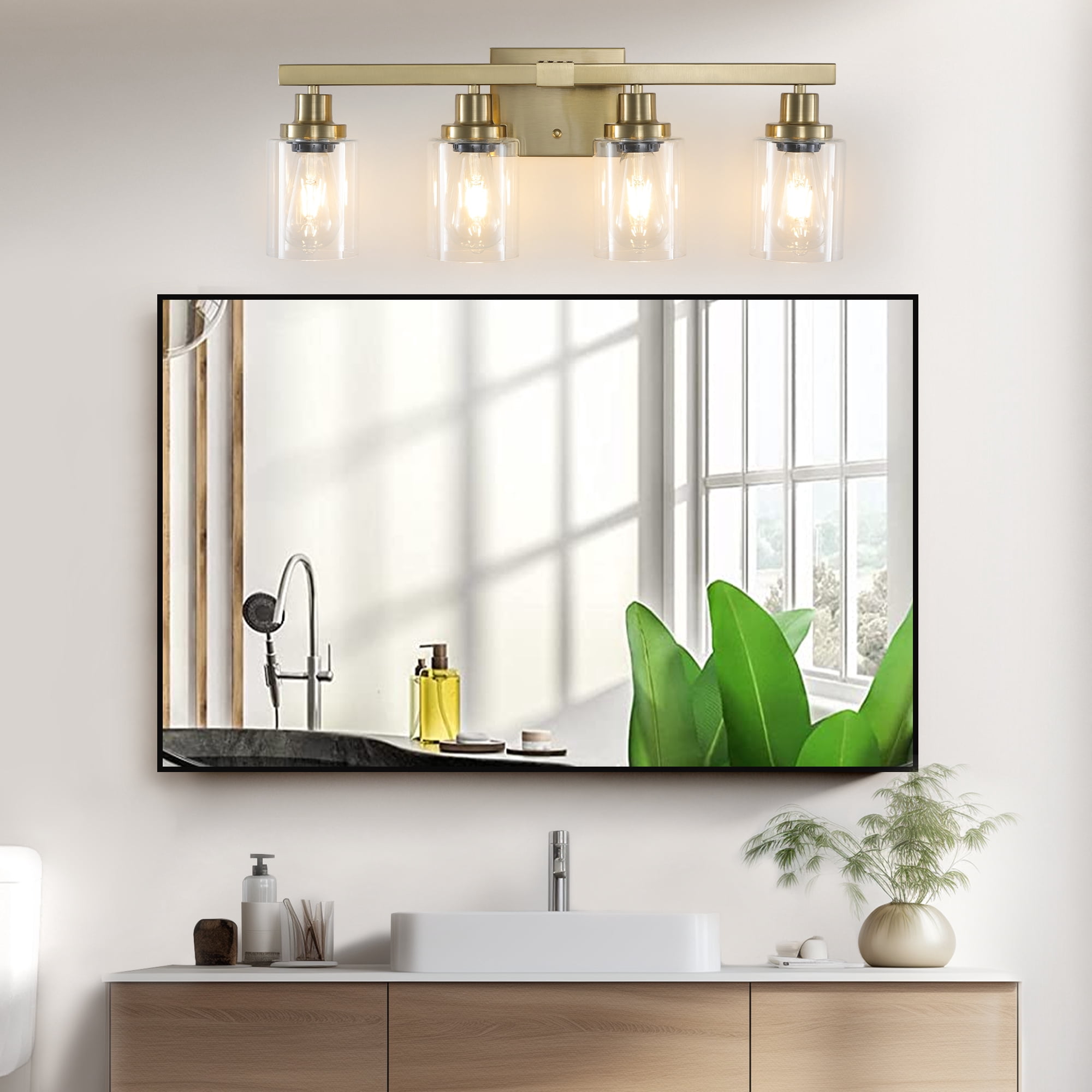 Leumius Modern Golden 4-Light Bathroom Vanity Light Fixture, Industrial Wall Sconce with Clear Glass Shades for Mirror, Bathroom, Bedroom and Hallway (No Bulbs)