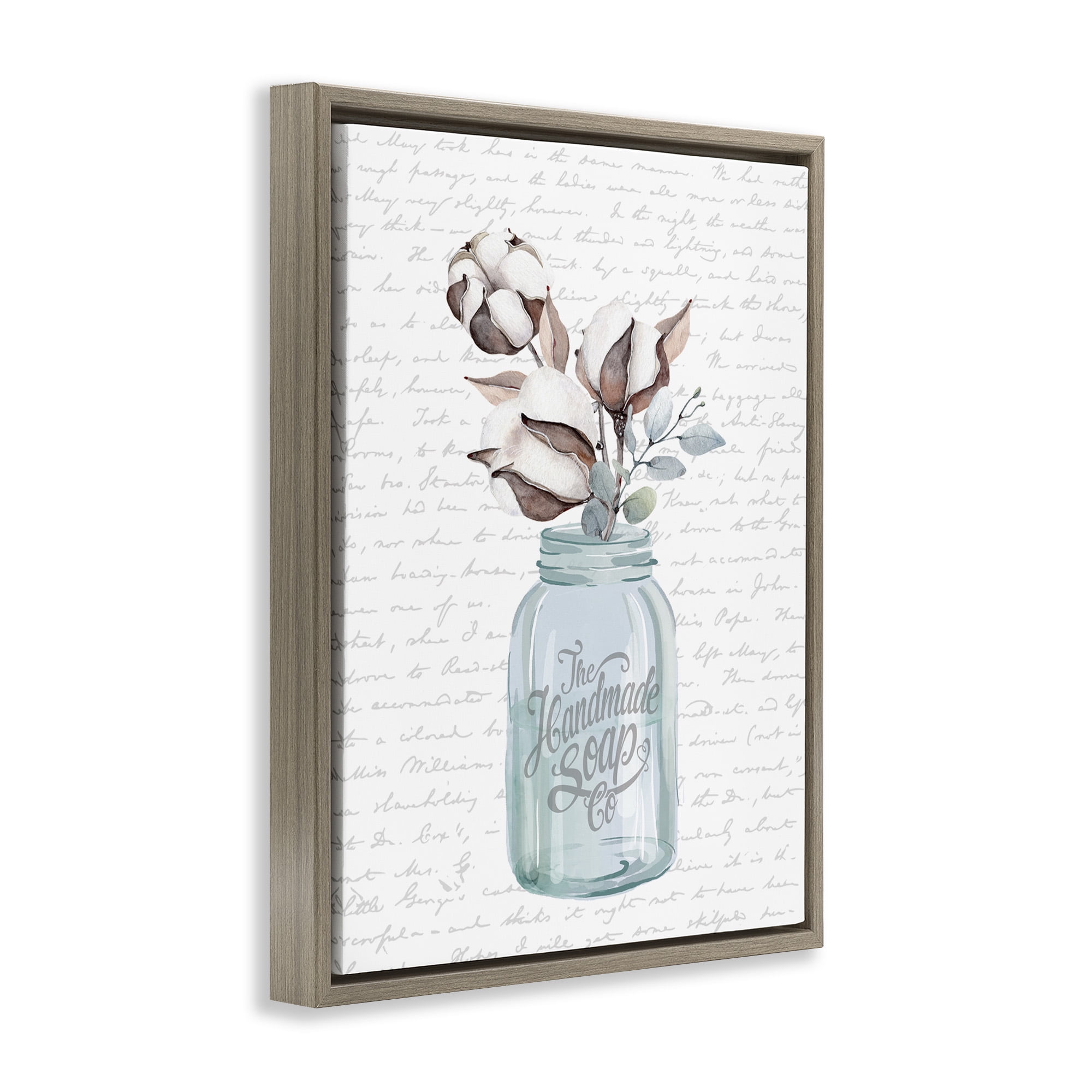 Stupell Industries Handmade Soap Jar & Cotton Flower Botanical & Floral Painting Brown Floater Framed Canvas Art Print Wall Art, 25 x 31