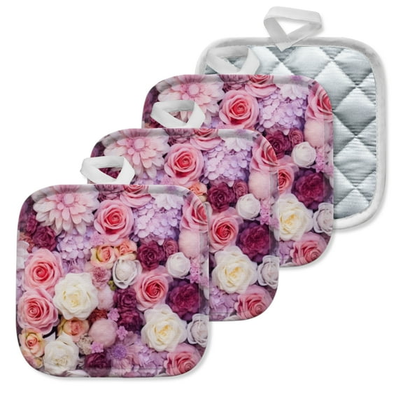 4 Pack Pot Holders,Kitchen Essential, Potholder Set,Pink And Purple Flower Wall With Assorted Flowers