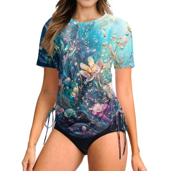WTOBBY Women's Floral Design Short Sleeve Sun Swimsuit Lightweight Adjustable Lace-Up Swimsuit Top for Summer Water Activities Cover Up and Casual Beach Fashion with Comfort,Blue L