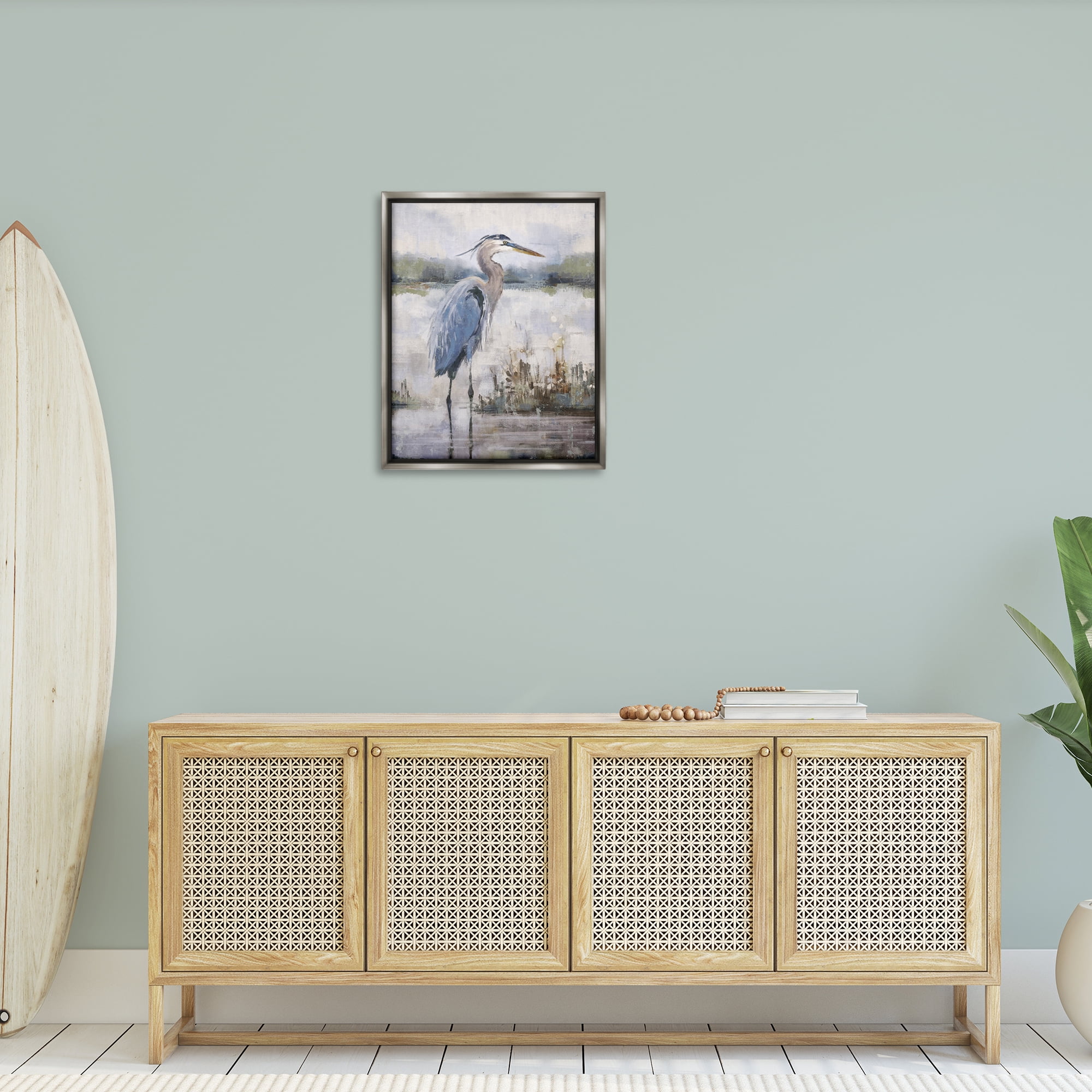 Stupell Industries Coastal Sea Heron Landscape & Nature Painting Gray Floater Framed Canvas Art Print Wall Art, 25 x 31