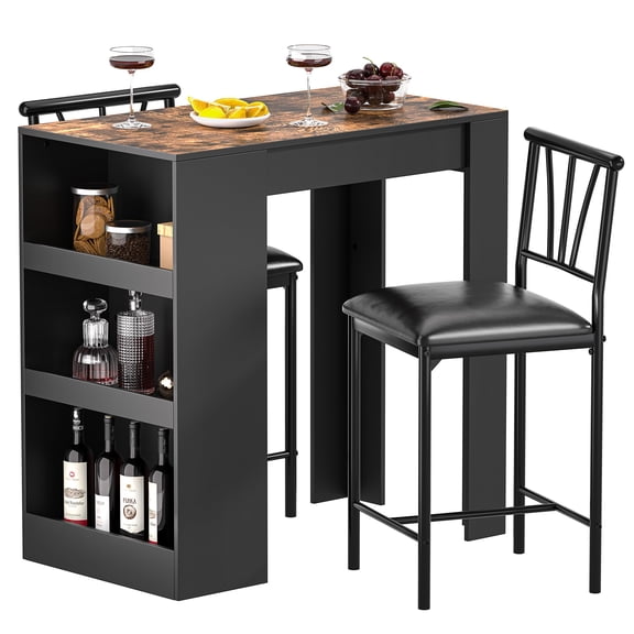 Bar Table And Chairs Set For Two, Kitchen Pub Height Dinette Counter, Breakfast Nook Organizer With Side Storage Shelves And Cushioned Stools, Retro Industrial Style, Brown And Black, Three Piece Set