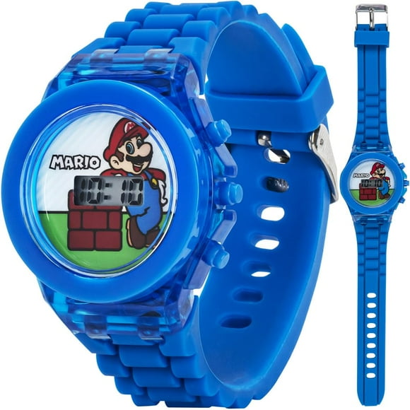 Accutime Nintendo Super Mario Kids' Flashing LCD Digital Watch - LED Lightshow - Vibrant Blue Band, Easy-to-Read Display, Perfect for Children