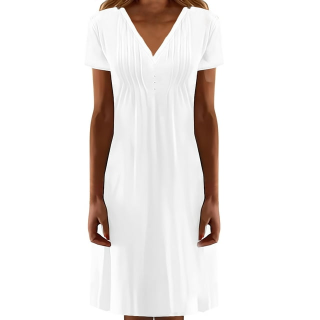 WILLBEST Robe Courte Femme Col en V Décontractée Plissée Boutonnée Couleur Unie Manches Courtes