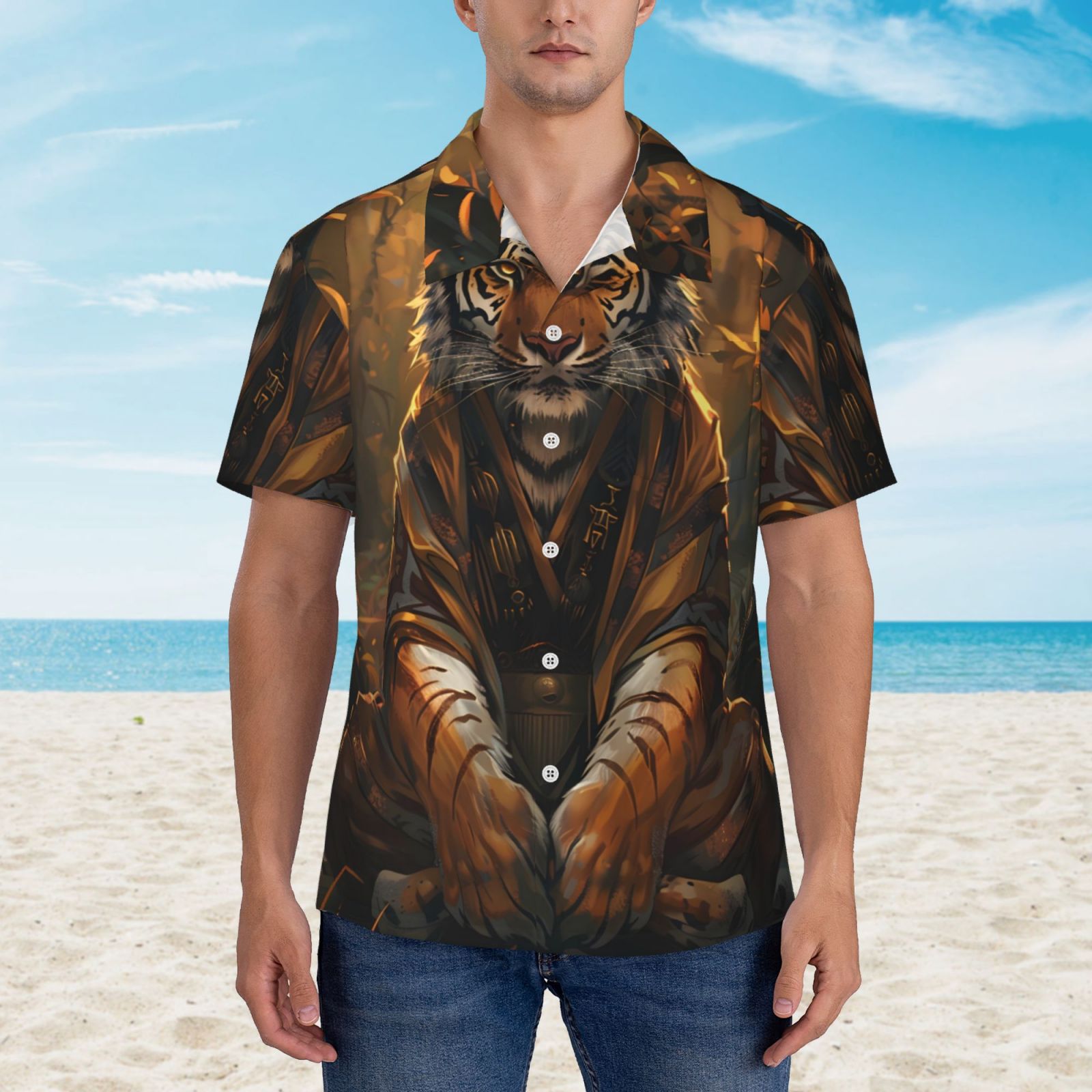 Logiee Tiger In The Fallen Leaf Forest Print Mens Hawaiian Shirts,Loose-Fit Short Sleeve Button Down Tropical Aloha Beach Shirt,Summer Vacation Wedding Tops,Small