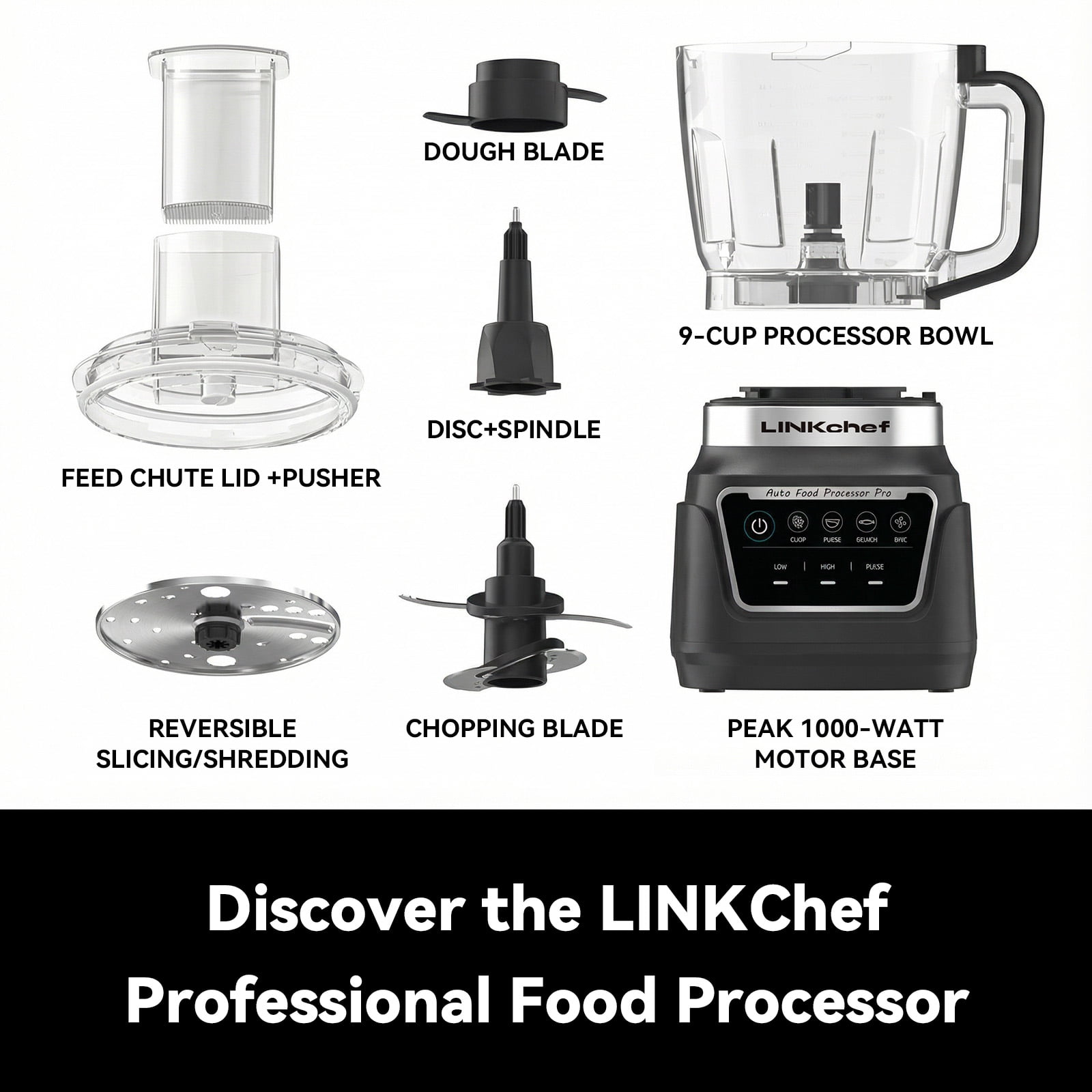 LINKChef 1000W 9-Cup Food Processor & Vegetable Chopper, 4 Presets (Chop, Slice, Puree, Dough), 3-Speed, Slicing/Shredding Disc, Kneading Blade