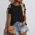 thumbnail image 2 of Cold Shoulder Round Neck Tops for Women Short Sleeve 2024 Summer Trendy Casual T-Shirts Solid Pullover Blouses Black,L, 2 of 6