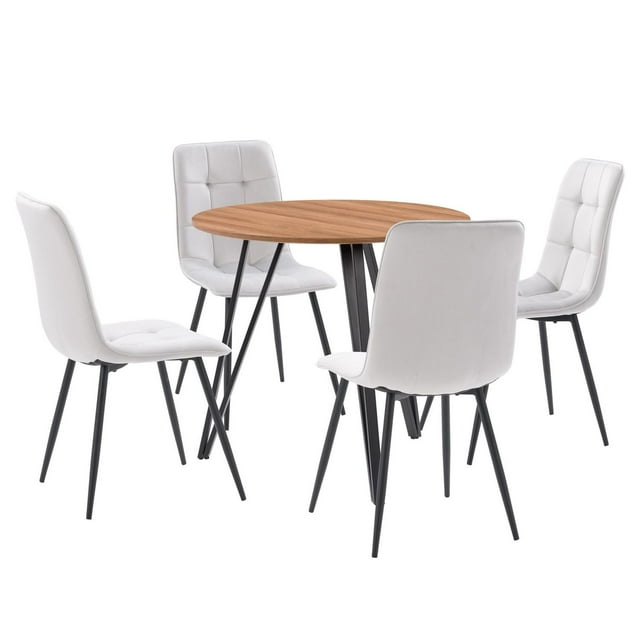 CorLiving Ezra modern 5-piece round indoor dining table set featuring a wood tabletop and four white velvet upholstered chairs with black metal legs.