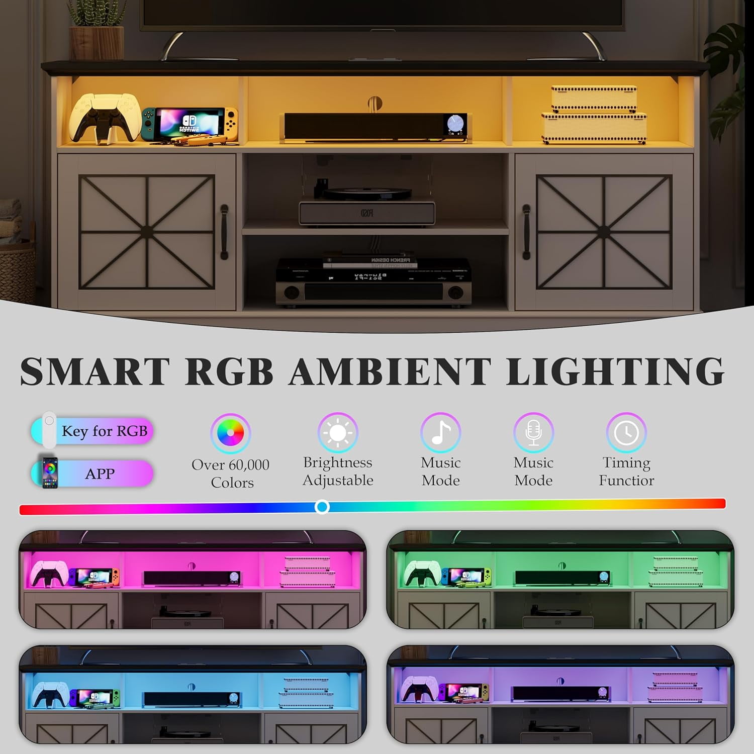 FANRAL Farmhouse TV Stand with RGB LED Lights,Entertainment Center for 65 Inch TV,Media Console with Power Outlets & Adjustable Shelf for Living Room,White TV Stand