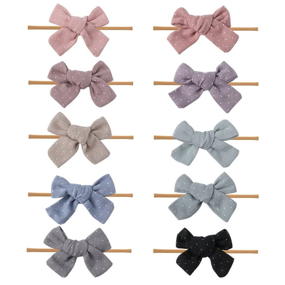 Baby Girl Headbands and bows - Nylon Headband Fits newborn toddler infant girls (Polka Dots Linen Headbands - 10 Pcs)…